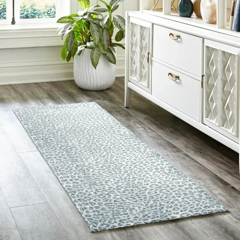 Grey Leopard Print Shag Handmade Non Skid Runner Rug Photo 1