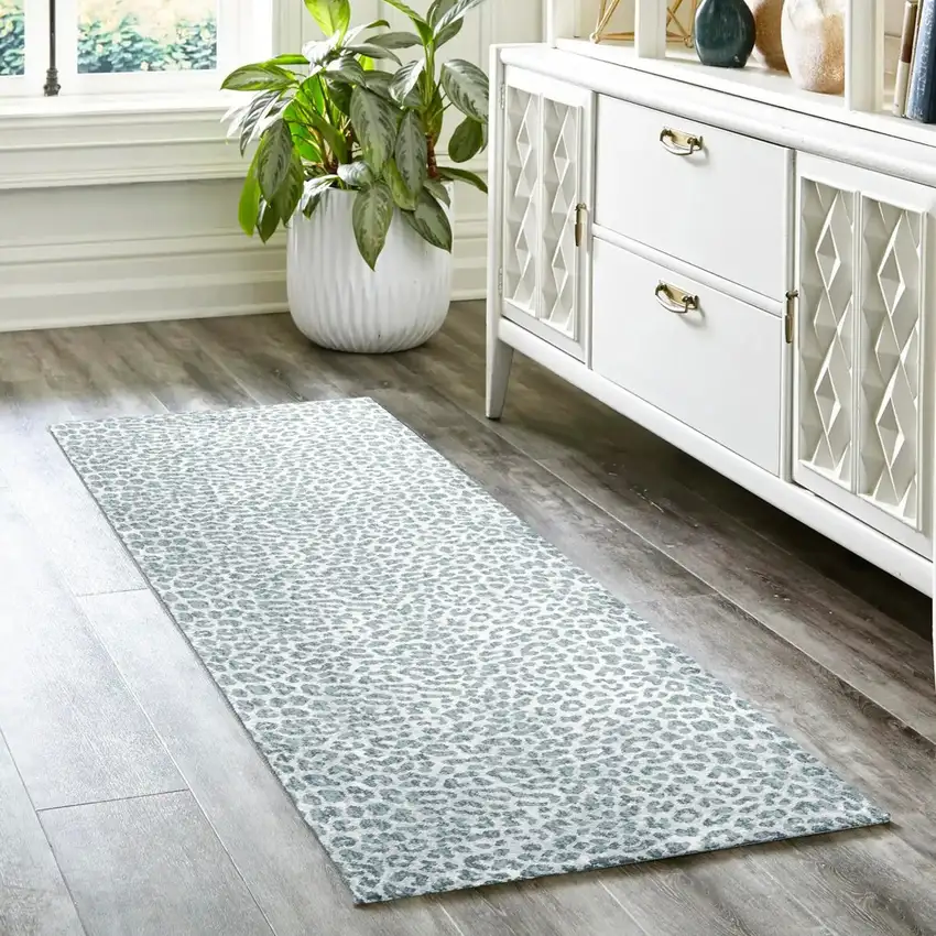 Grey Leopard Print Shag Handmade Non Skid Runner Rug Photo 1
