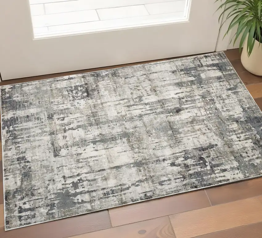Ivory And Gray Abstract Distressed Area Rug Photo 1