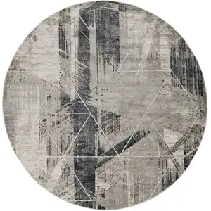 Photo of Grey Machine Woven Abstract Geometric Round Indoor Area Rug