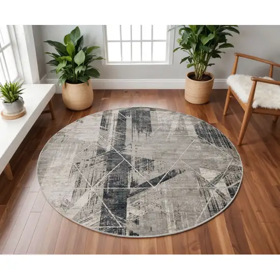 Gray Black And Ivory Abstract Round Rug Photo 1