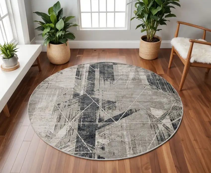 Gray Black And Ivory Abstract Round Rug Photo 1
