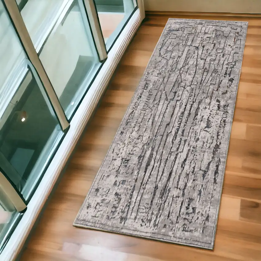7' Grey Machine Woven Abstract  Indoor Runner Rug Photo 1