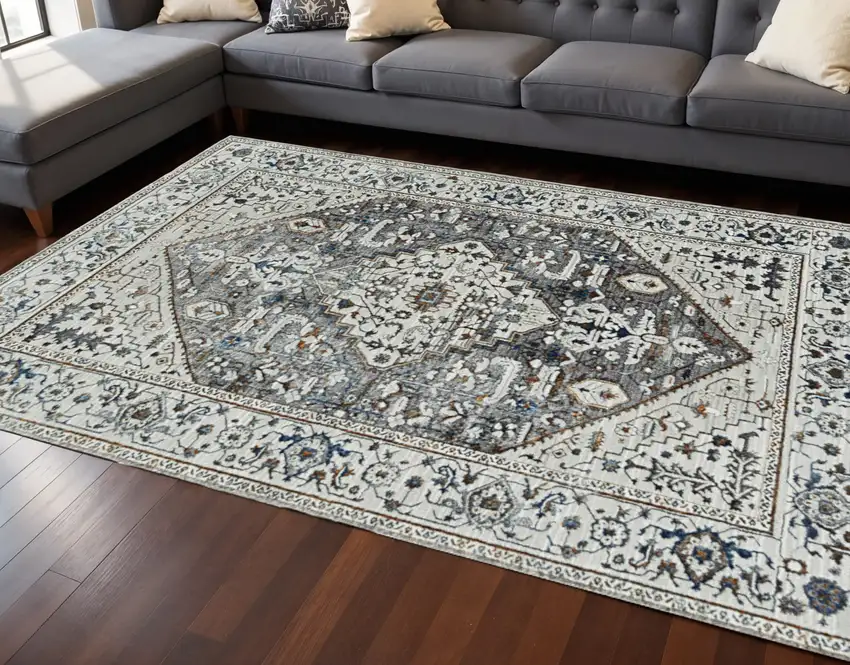 7' Gray Brown And Teal Floral Medallion Area Rug Photo 1