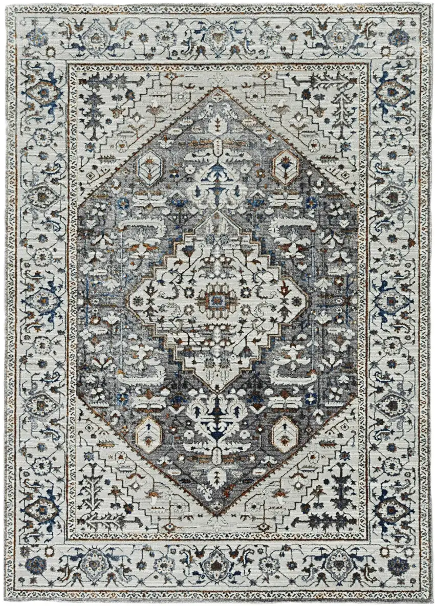 7' Gray Brown And Teal Floral Medallion Area Rug Photo 4
