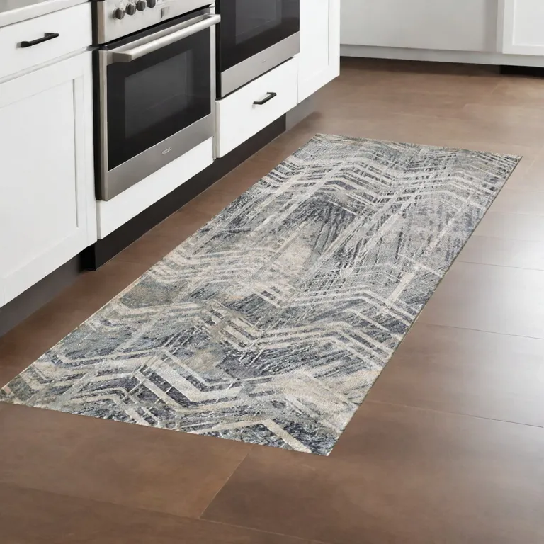 Grey Machine Woven Distressed Chevron Indoor Runner Rug Photo 4
