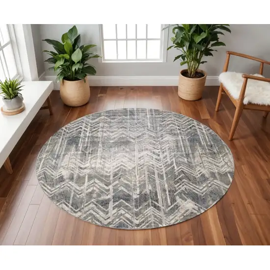 Dark Gray And Ivory Chevron Round Rug Photo 1