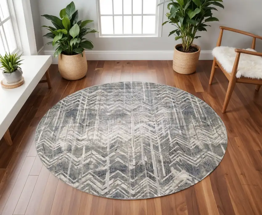 Dark Gray And Ivory Chevron Round Rug Photo 1
