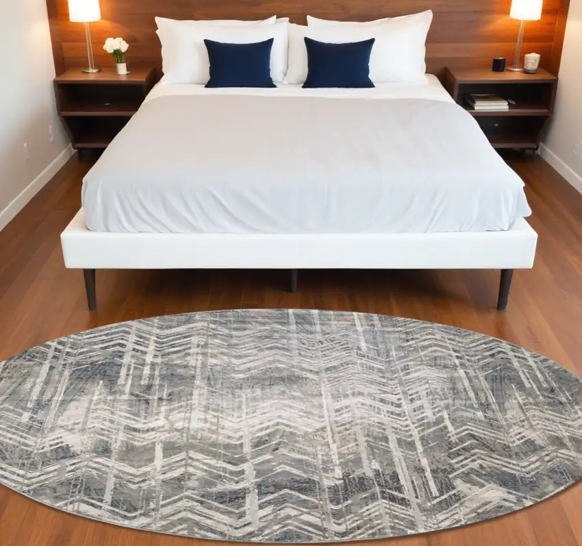 8' Grey Machine Woven Distressed Chevron Round Indoor Area Rug Photo 1