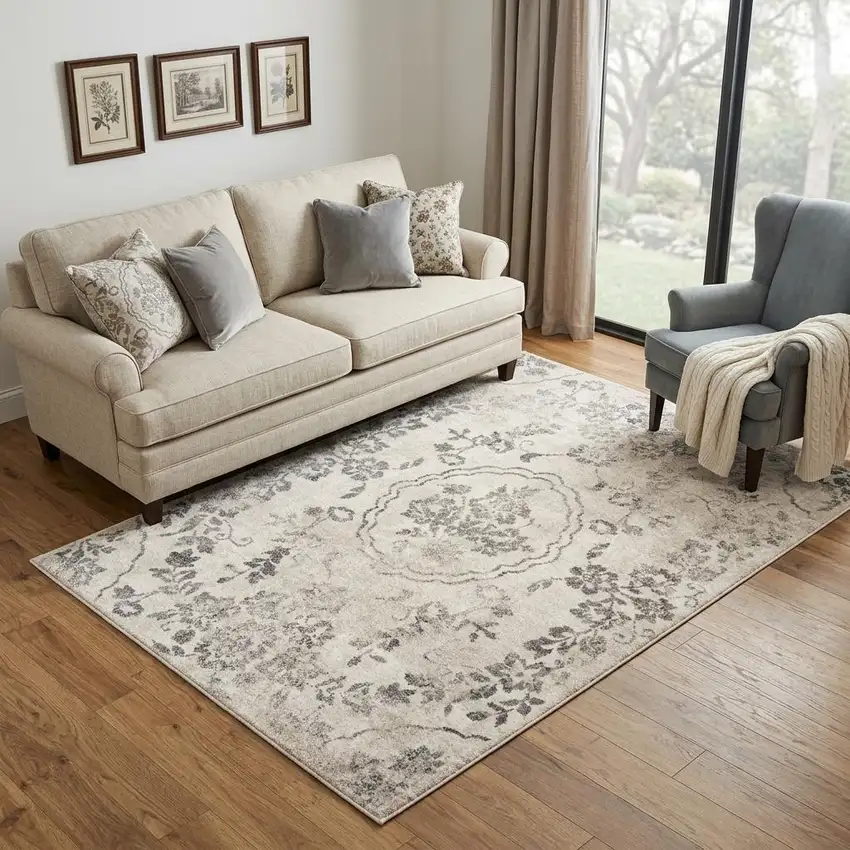 Gray And Tan Floral Distressed Area Rug Photo 1