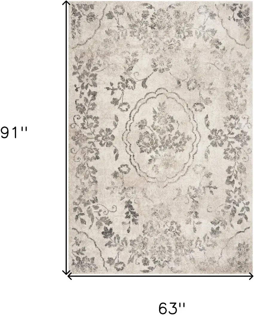 Grey Machine Woven Distressed Floral Medallion Indoor Area Rug Photo 3