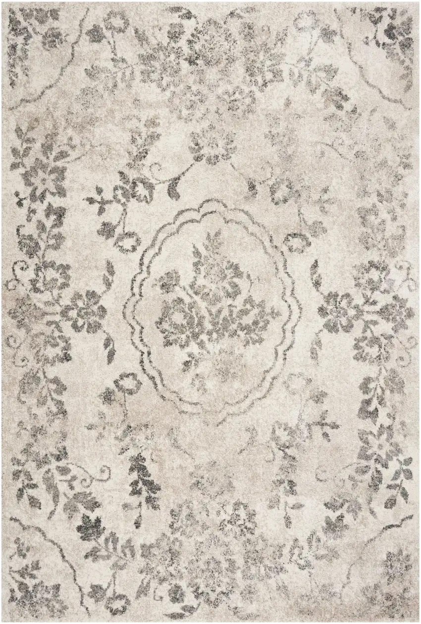 Grey Machine Woven Distressed Floral Medallion Indoor Area Rug Photo 2