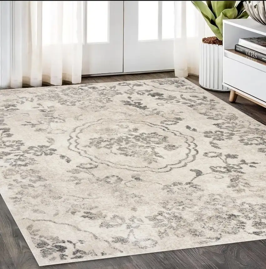 5'X8' Grey Machine Woven Distressed Floral Medallion Indoor Area Rug Photo 1