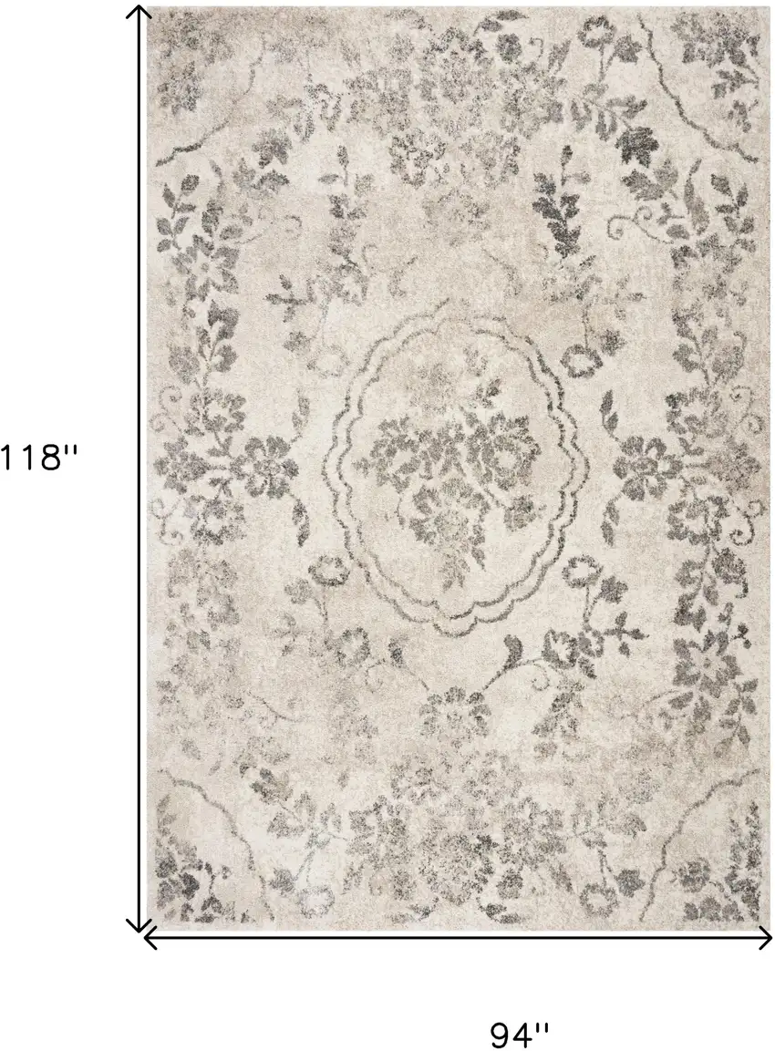 8'X10' Grey Machine Woven Distressed Floral Traditional Indoor Area Rug Photo 3