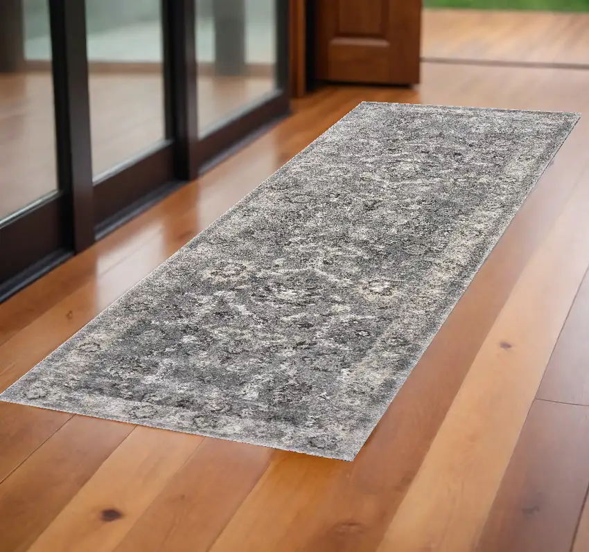 7' Grey Machine Woven Distressed Floral Traditional Indoor Runner Rug Photo 1