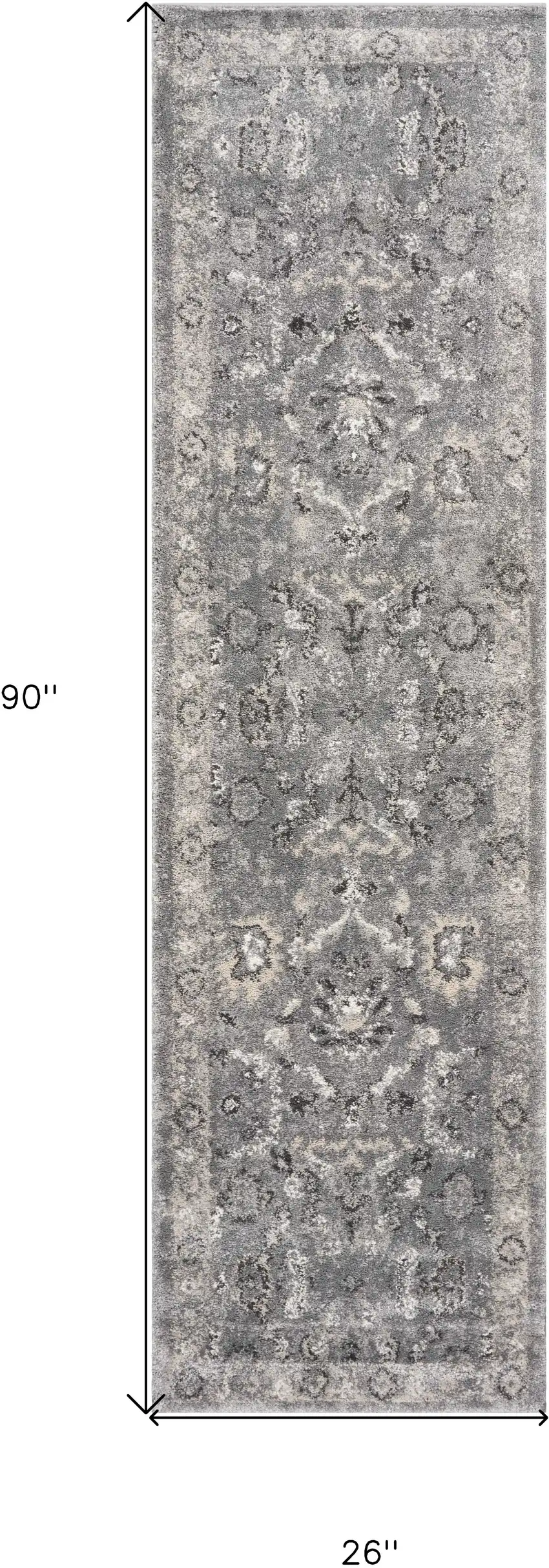 7' Grey Machine Woven Distressed Floral Traditional Indoor Runner Rug Photo 3