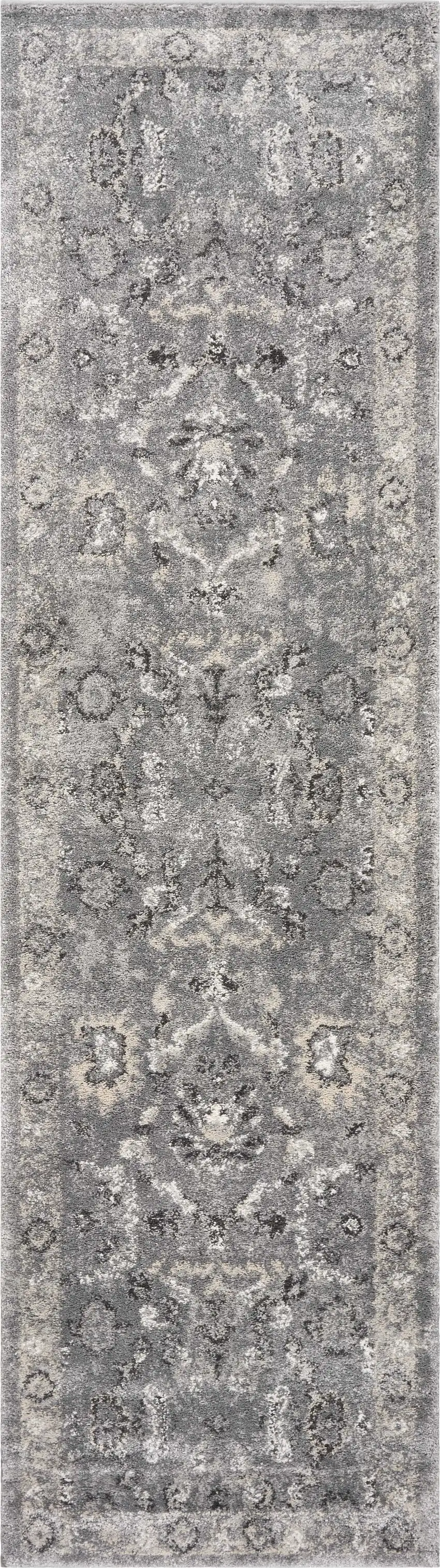 Grey Machine Woven Distressed Floral Traditional Indoor Runner Rug Photo 1
