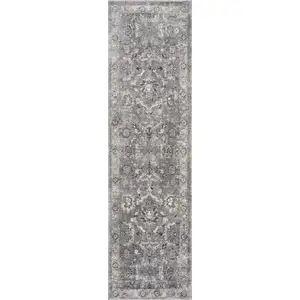 Photo of Grey Machine Woven Distressed Floral Traditional Indoor Runner Rug