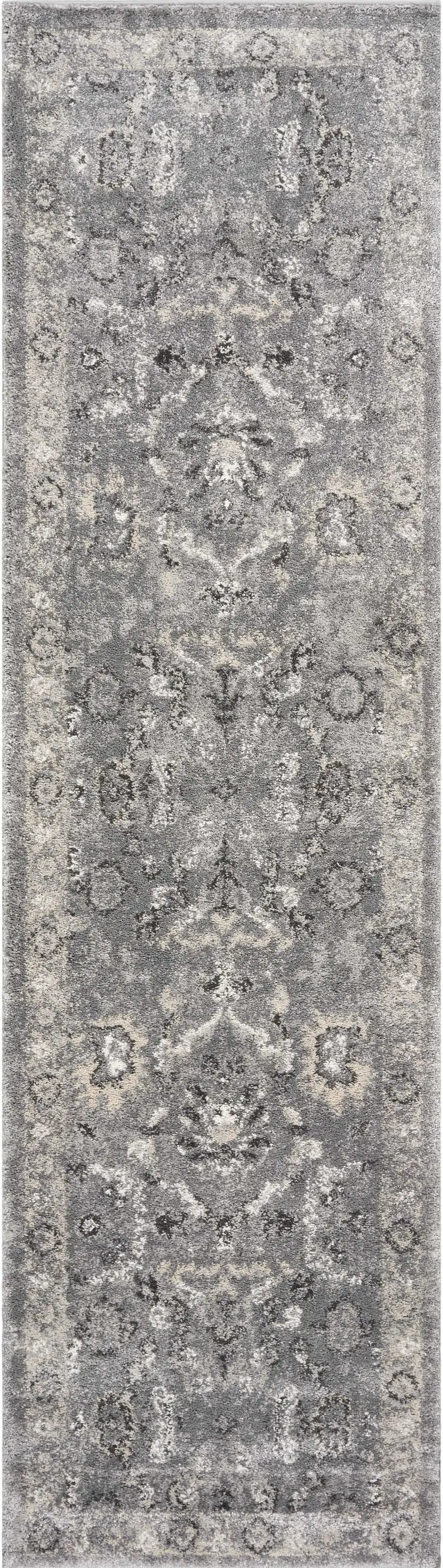 7' Grey Machine Woven Distressed Floral Traditional Indoor Runner Rug Photo 2