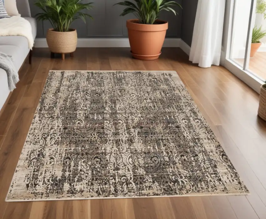 Grey Machine Woven Shrank Distressed Traditional Design Indoor Area Rug Photo 2
