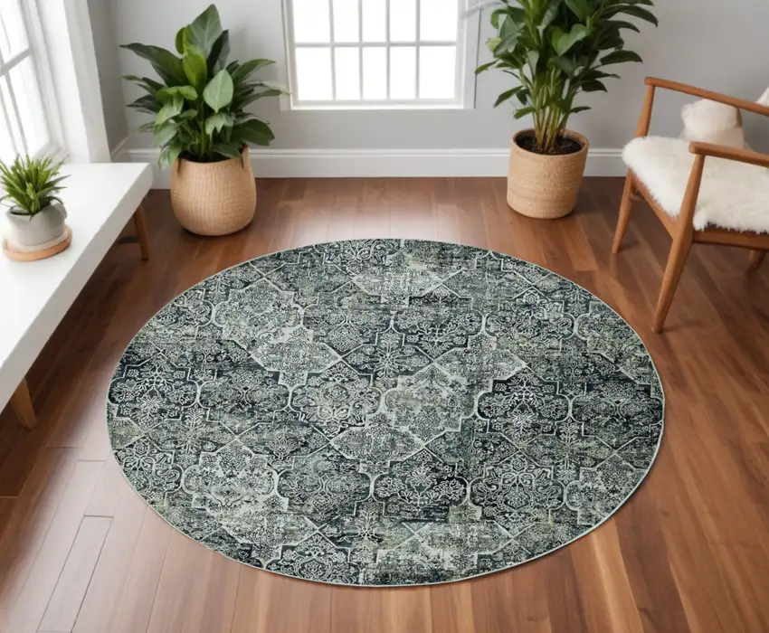 8' Gray Round Quatrefoil Area Rug Photo 1