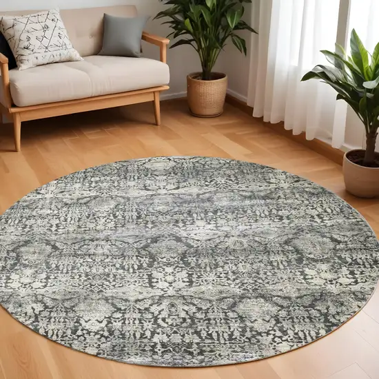 8' Gray And Ivory Floral Medallion Distressed Round Rug Photo 1