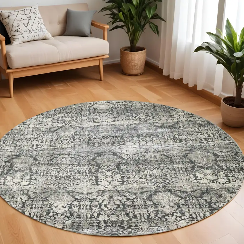 8' Gray And Ivory Floral Medallion Distressed Round Rug Photo 1