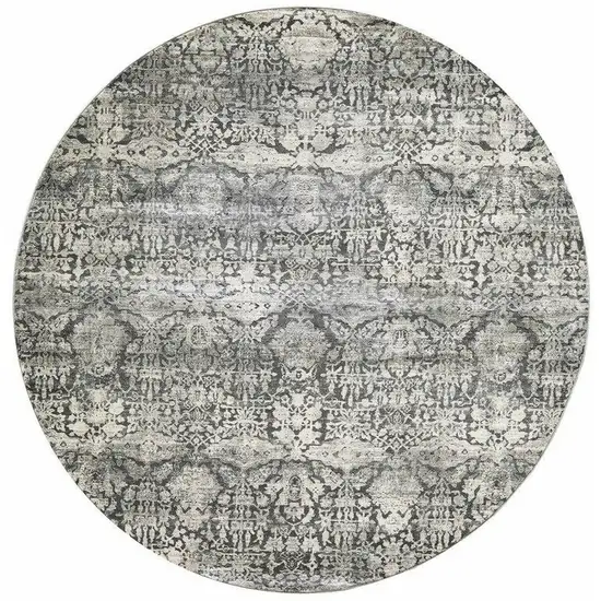 8' Gray And Ivory Floral Medallion Distressed Round Rug Photo 4