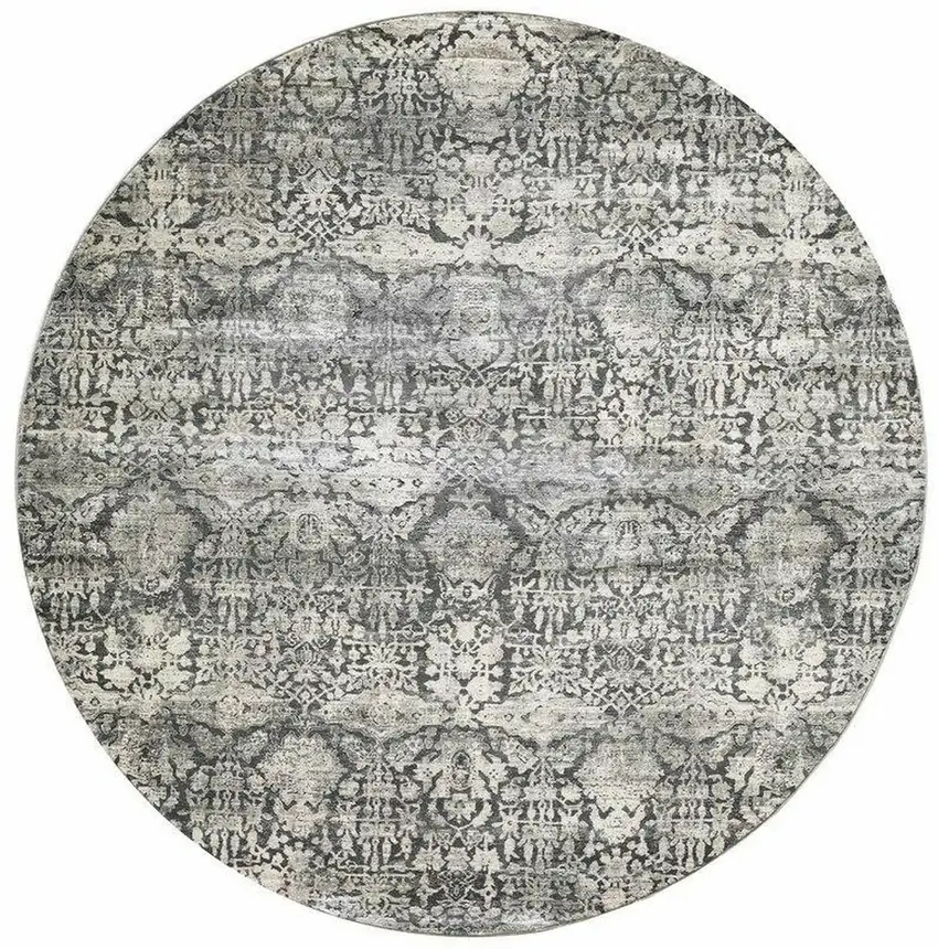 8' Gray And Ivory Floral Medallion Distressed Round Rug Photo 4