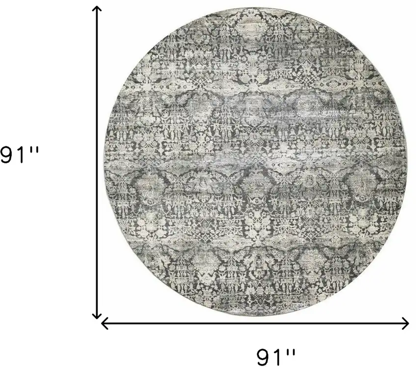 8' Gray And Ivory Floral Medallion Distressed Round Rug Photo 3