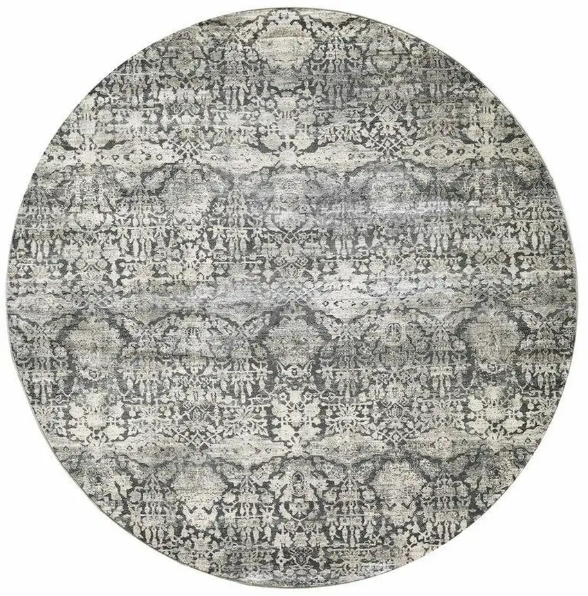 8' Gray And Ivory Floral Medallion Distressed Round Rug Photo 2