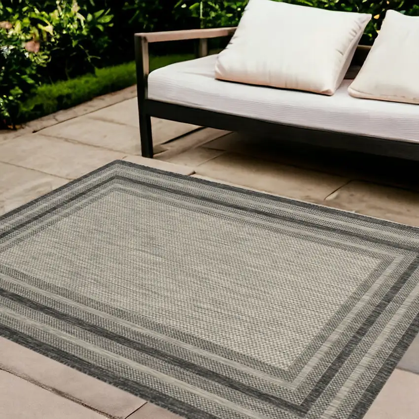 8'X11' Grey Machine Woven Uv Treated Bordered Indoor Outdoor Area Rug Photo 2