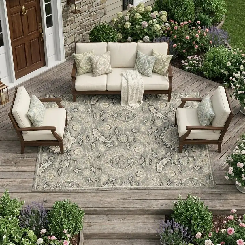 Gray Damask Indoor Outdoor Area Rug Photo 1