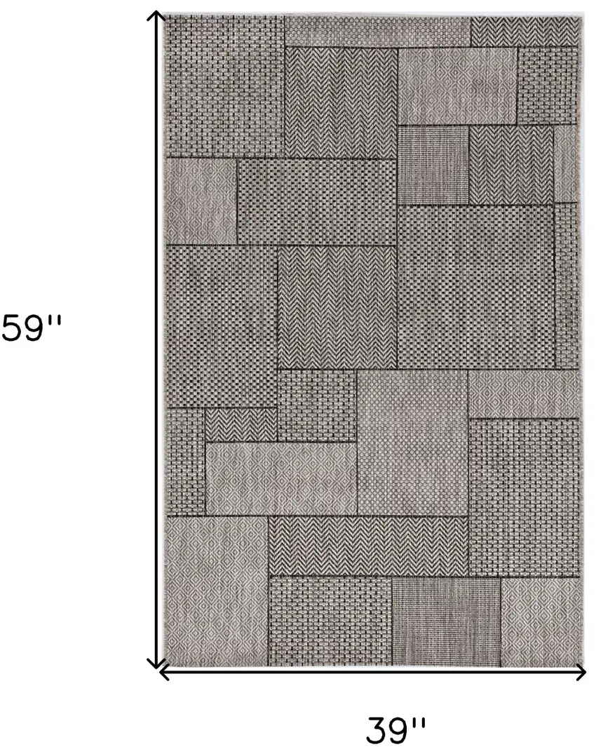 3'X5' Grey Machine Woven Uv Treated Geometric Blocks Indoor Outdoor Area Rug Photo 3