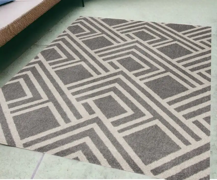 5'X8' Grey Machine Woven Uv Treated Geometric Indoor Outdoor Area Rug Photo 1