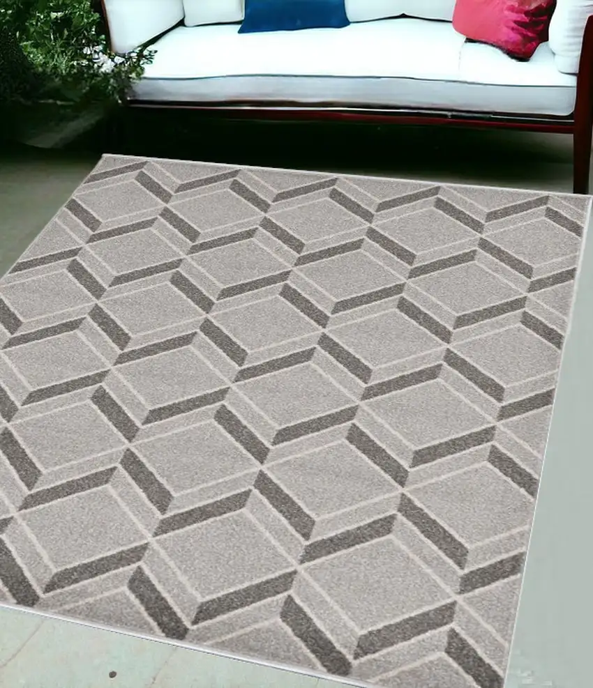 5'X8' Grey Machine Woven Uv Treated Herringbone Illusion Indoor Outdoor Area Rug Photo 1