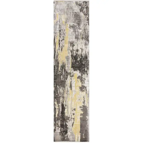 7' Grey Machine Woven Watercolor Splash Indoor Runner Rug Photo 2