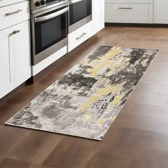 7' Grey Machine Woven Watercolor Splash Indoor Runner Rug Photo 1
