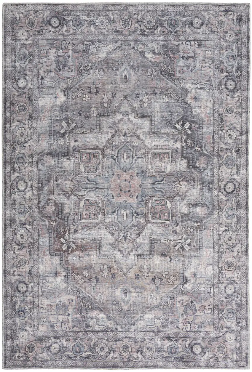 Grey Medallion Distressed Washable Area Rug Photo 1