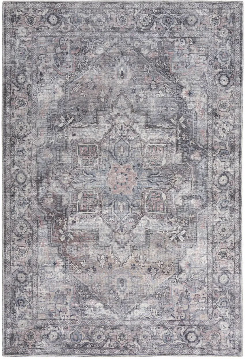 Grey Medallion Distressed Washable Area Rug Photo 2