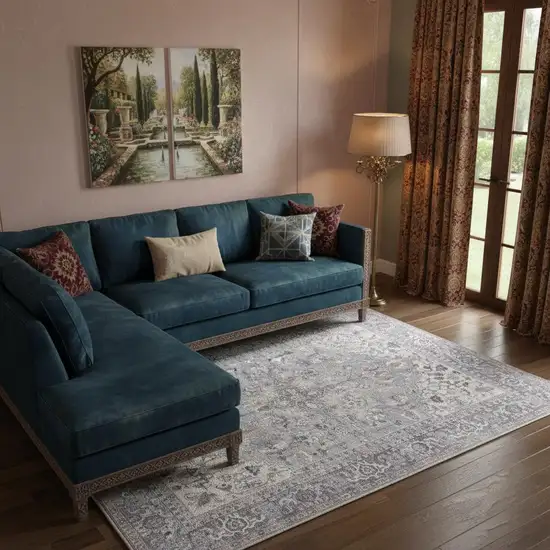 Grey Medallion Distressed Washable Area Rug Photo 1