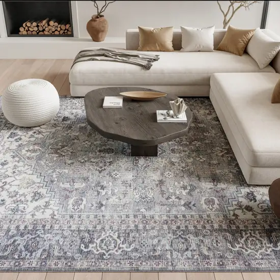 Grey Medallion Distressed Washable Area Rug Photo 5