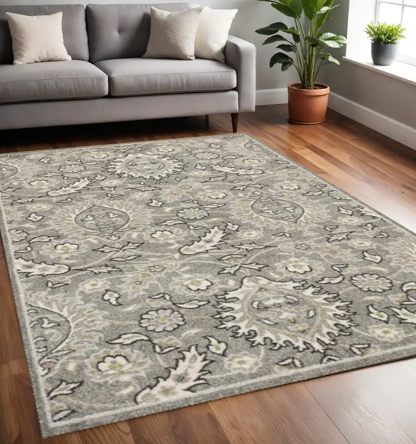 Gray And Ivory Floral Medallion Area Rug Photo 1