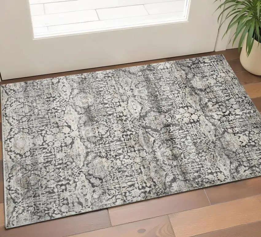Gray And Ivory Floral Medallion Area Rug Photo 1