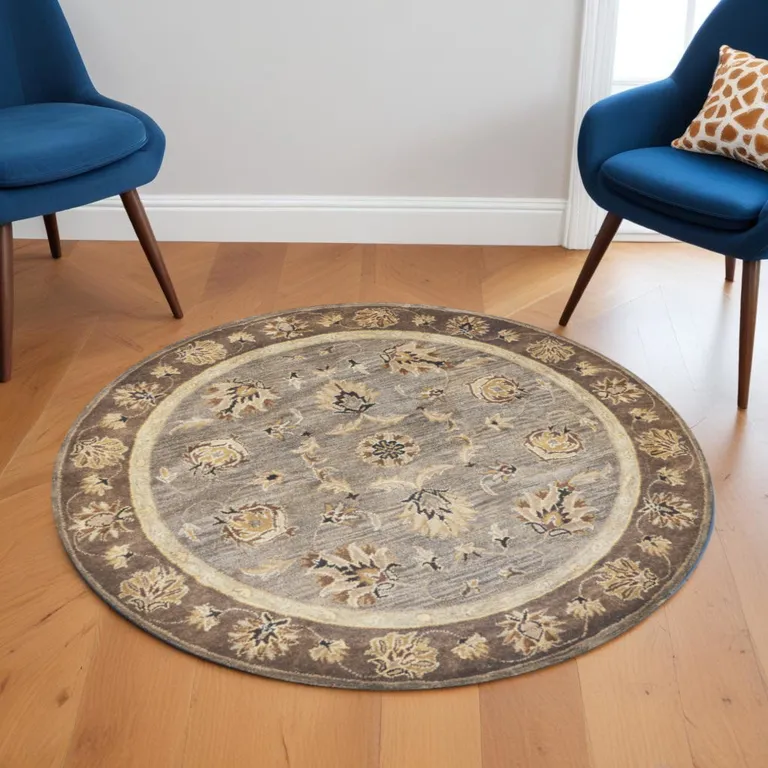 Grey Mocha Hand Tufted Traditional Round Indoor Area Rug Photo 4