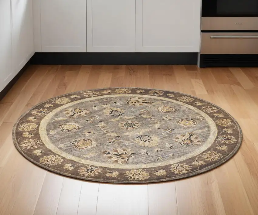 6' Grey Mocha Hand Tufted Traditional Round Indoor Area Rug Photo 1