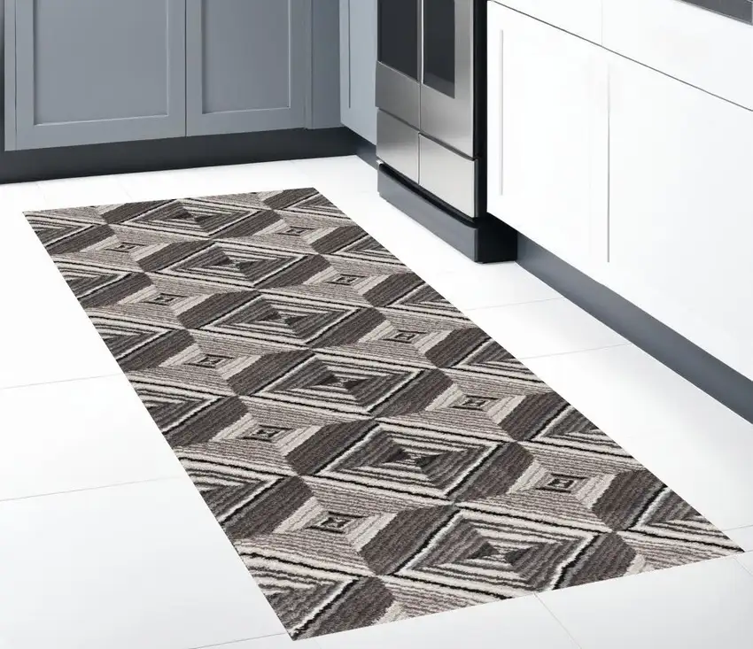 8' Grey Mocha Machine Woven Geometric Illusion Indoor Runner Rug Photo 1