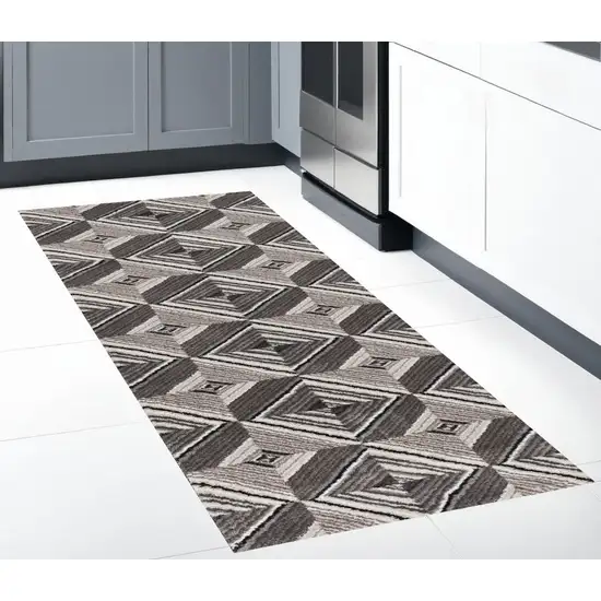 8' Grey Mocha Machine Woven Geometric Illusion Indoor Runner Rug Photo 1