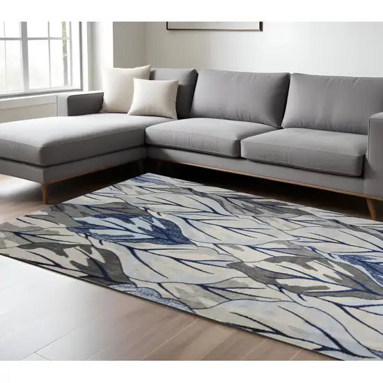 Gray And Navy Blue Botanical Leaves Area Rug Photo 1