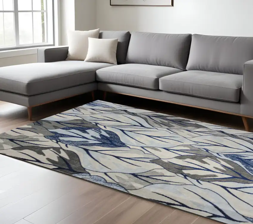 Gray And Navy Blue Botanical Leaves Area Rug Photo 1